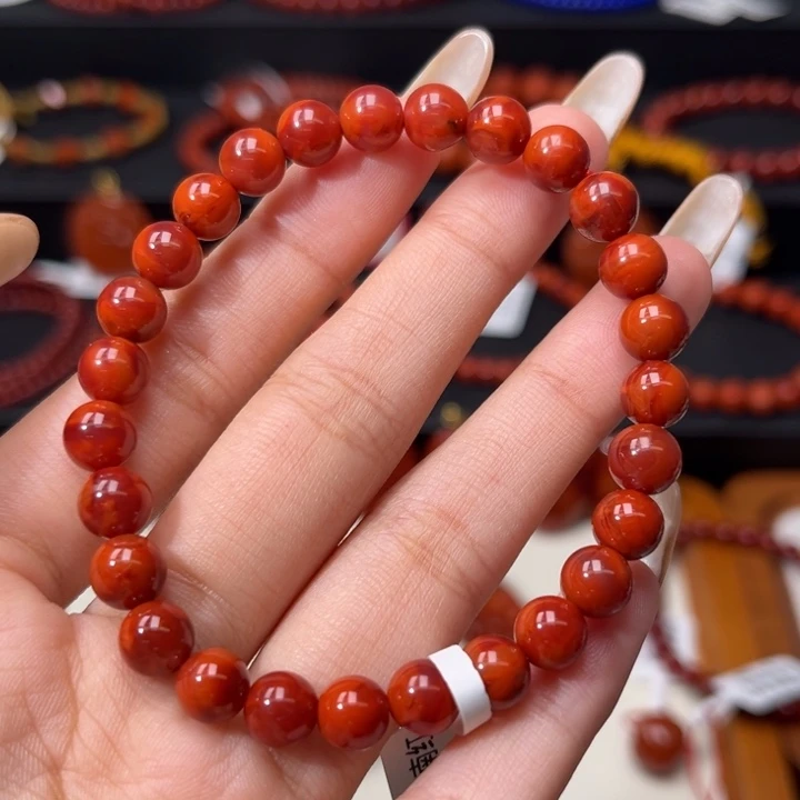 南红玛瑙未镶嵌手链满肉柿子红玫红双色7mm圆珠手串