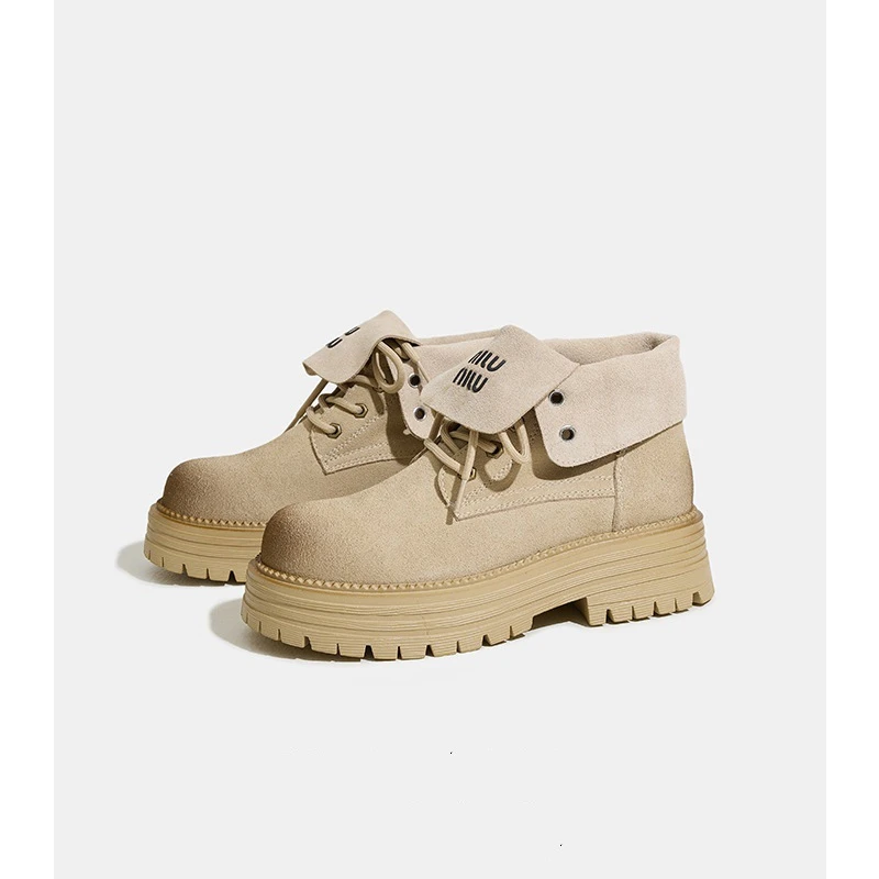 翻领两穿厚底大黄靴两穿马丁靴女牛反绒厚底内增高短靴户外旅行鞋