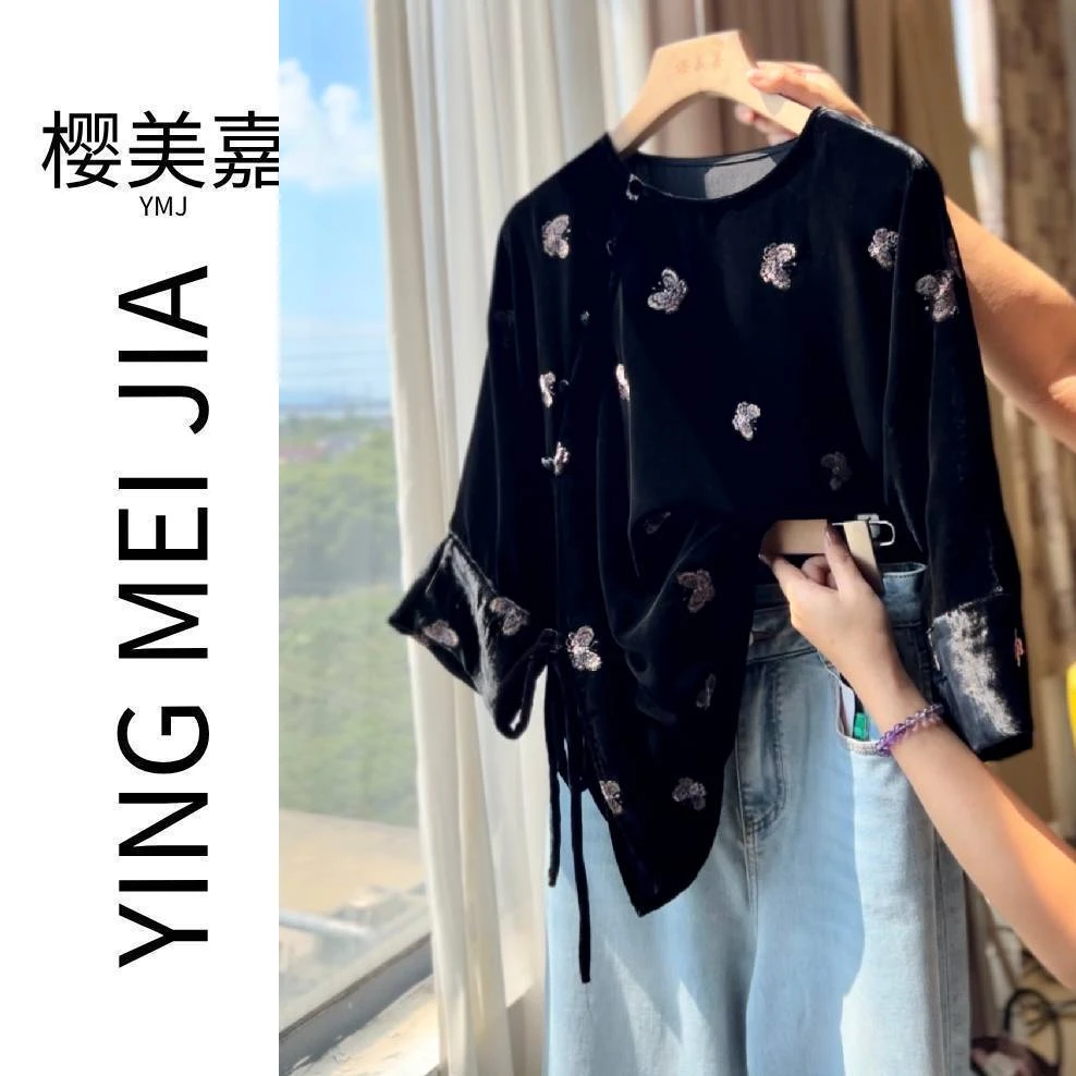 蝴蝶刺绣DY3053樱美嘉100桑蚕丝真丝丝绒圆领衬衫新中式秋冬上衣