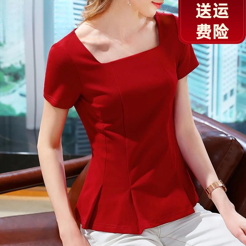 红色短袖t恤女士夏季2025新款方领修身显瘦体恤褶皱收腰上衣