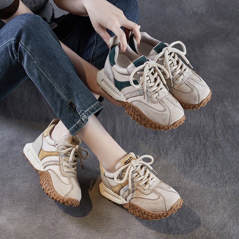 隐形复古真皮德训鞋女2025年春季厚底超火阿甘运动百搭老爹鞋