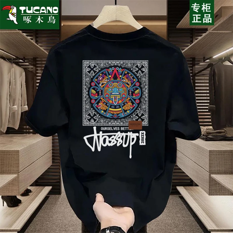 啄木鸟重磅纯棉短袖t恤男士夏季爆款2025新款宽松百搭圆领半袖T恤