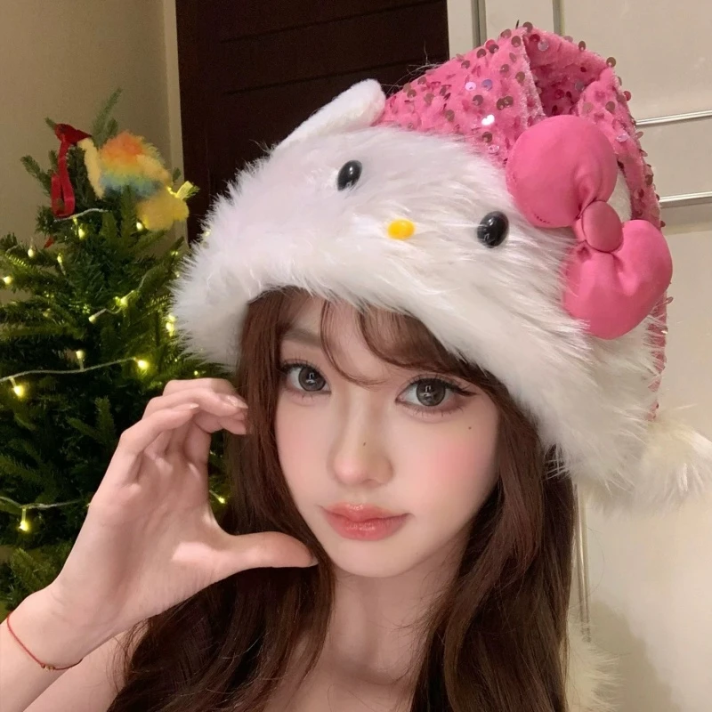 粉色亮片kt猫蝴蝶结圣诞帽女节日高级氛围感拍照装扮道具冬季保暖