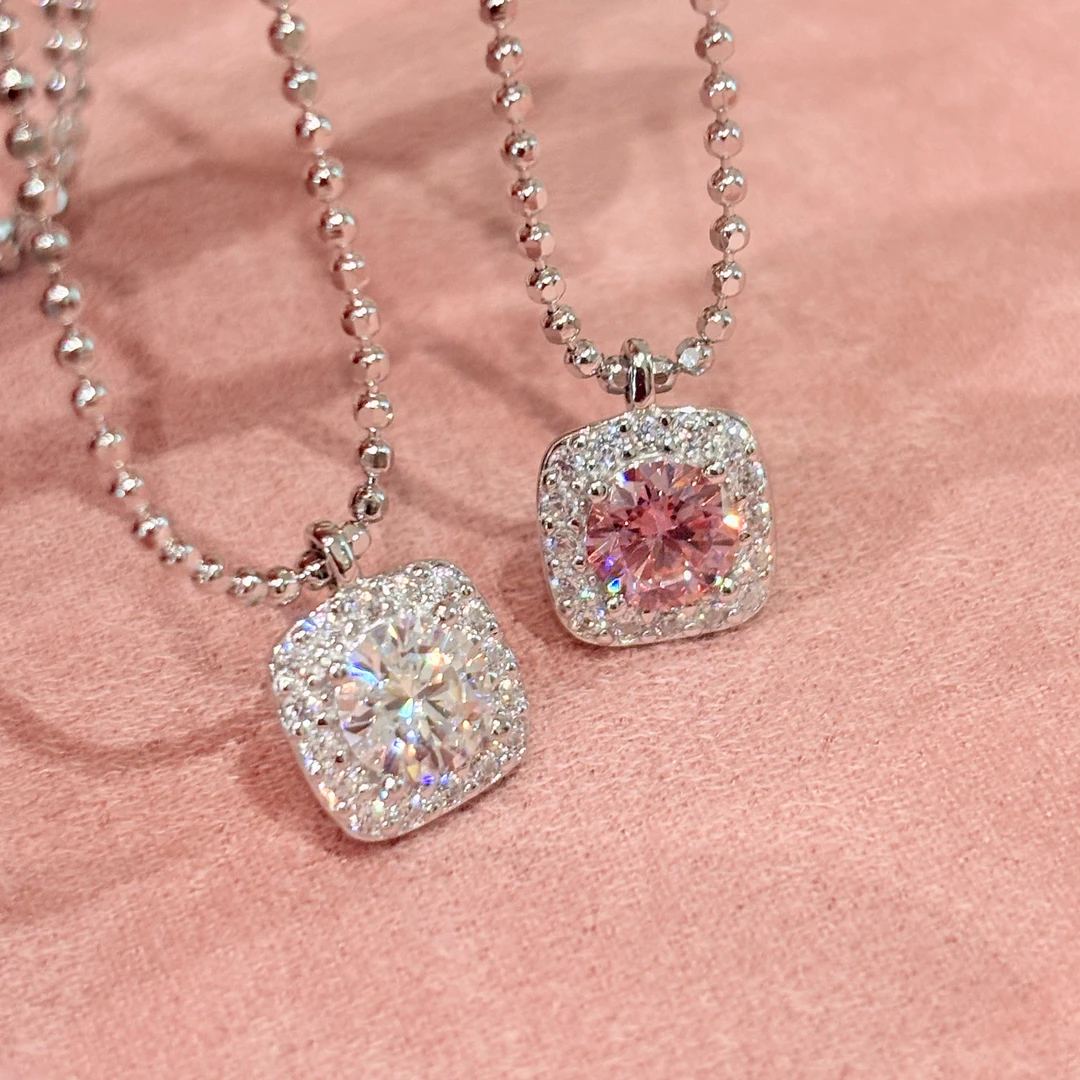 坠链均925银莫桑石 珠珠方包项链 豪镶轻奢吊坠时尚百搭