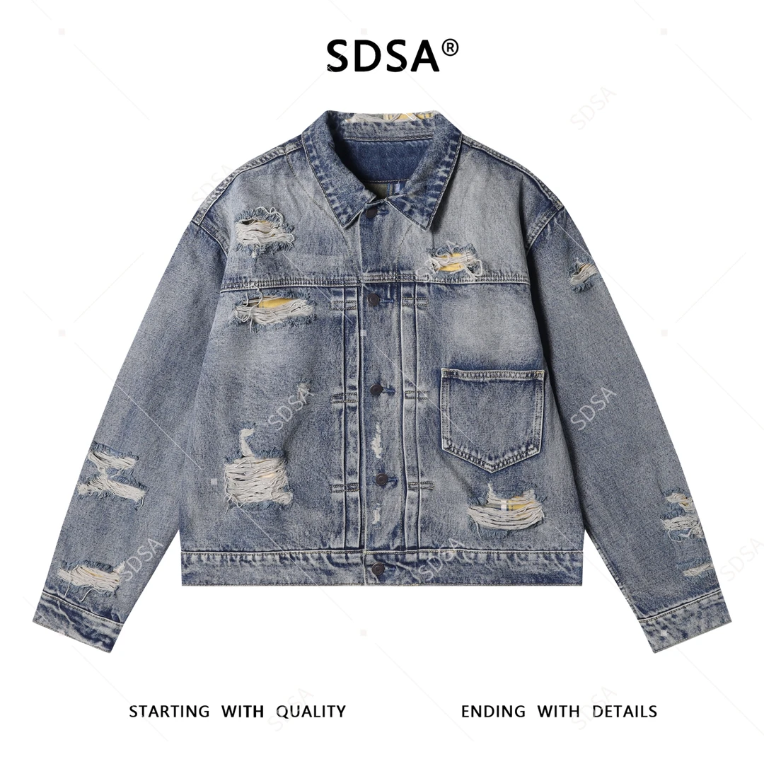 SDSA男士秋冬新款痞帅男装美式做旧磨破翻领纽扣夹克百搭宽松外套