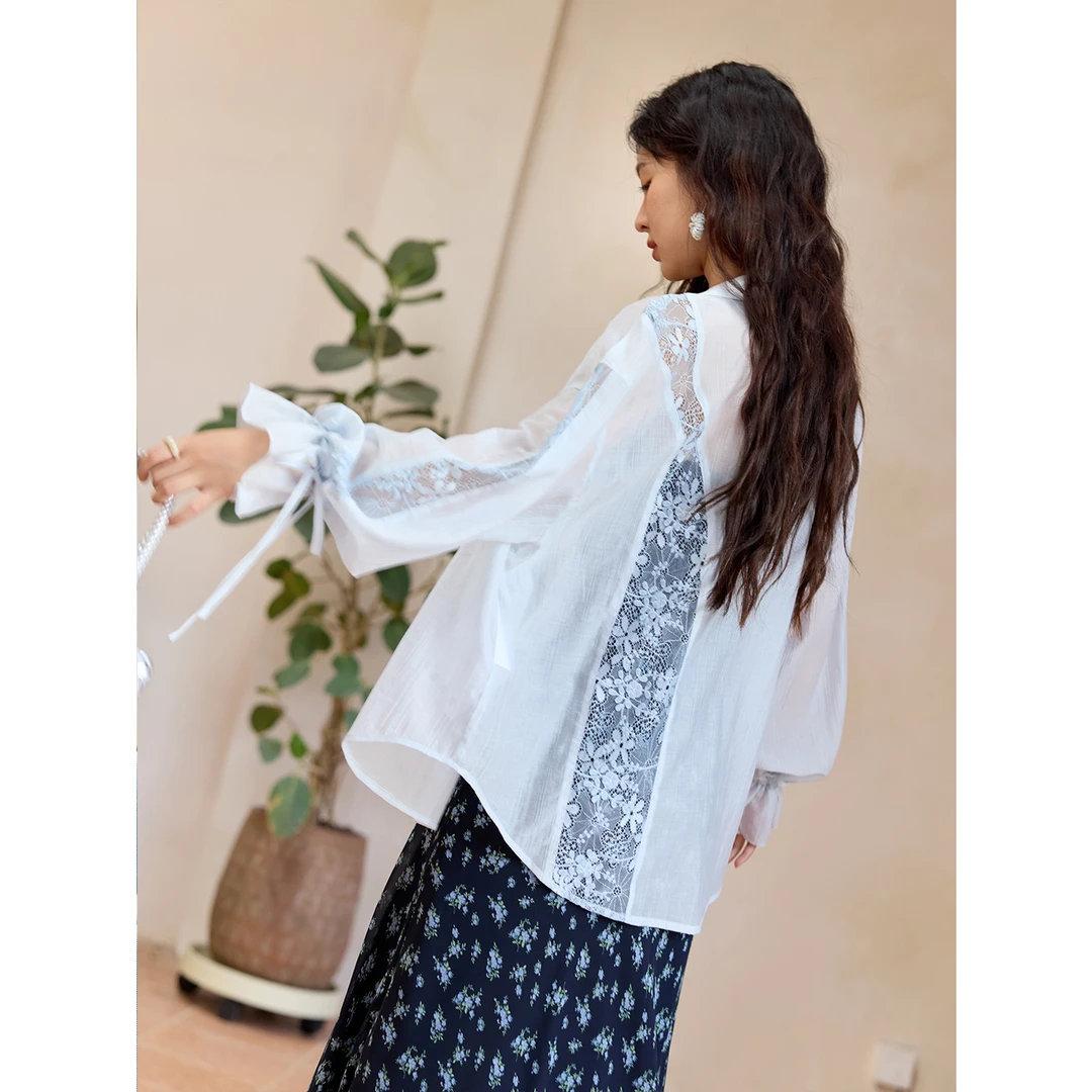 谜秀天丝混纺拼接蕾丝空调衬衫女2025夏季韩版宽松防晒