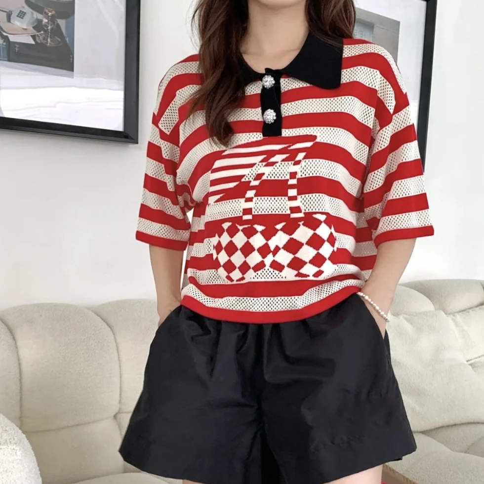 【樱桃甜酒】港风设计感条纹polo领高级感樱桃小众针织衫.Y884