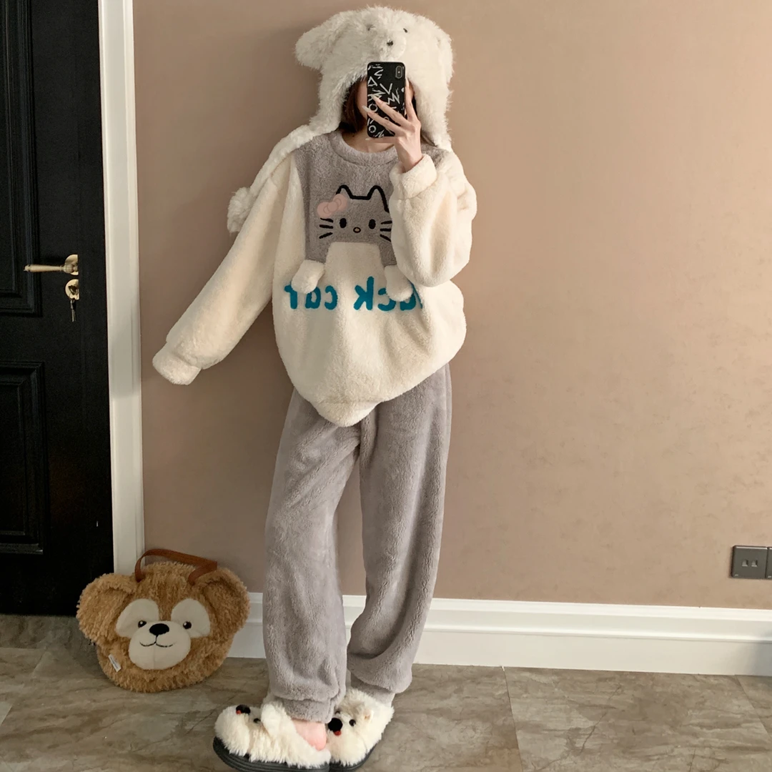 2025年冬季新款睡衣女长毛绒灰色可爱猫咪加厚保暖学生家居服套装