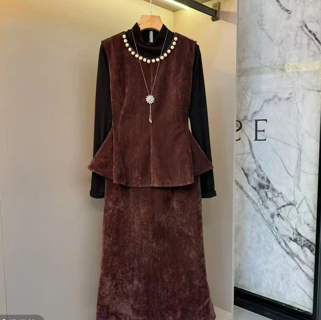 大码女装秋季时尚套装网红中式冬季金丝连衣裙时尚秋季提花减龄