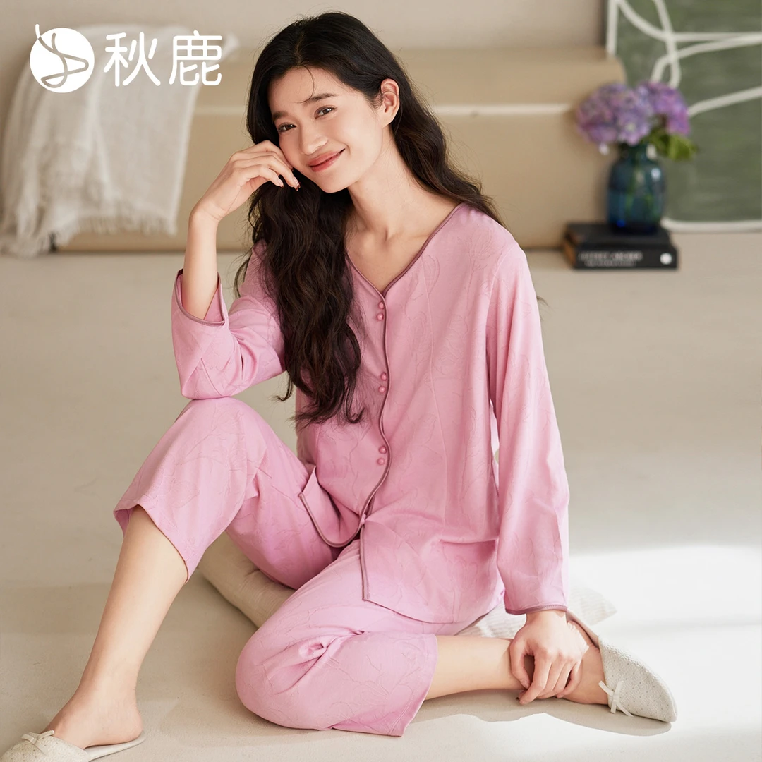 秋鹿针织提花抗菌（玉兰花）V领九分袖九分裤春秋女套抗皱睡衣