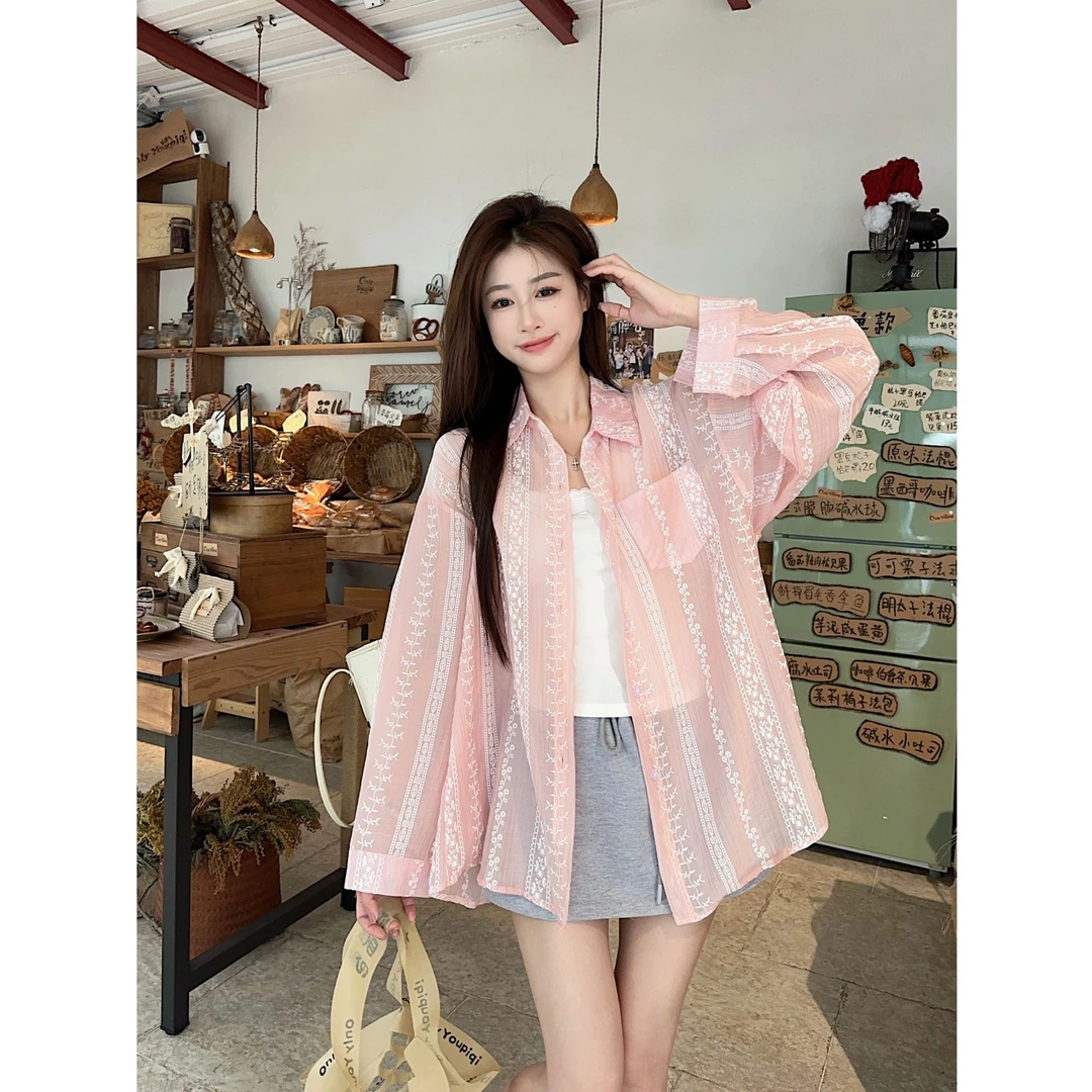 甜美微透衬衫2025秋季新款宽松中长款长袖秋款开衫女衫潮时尚法式