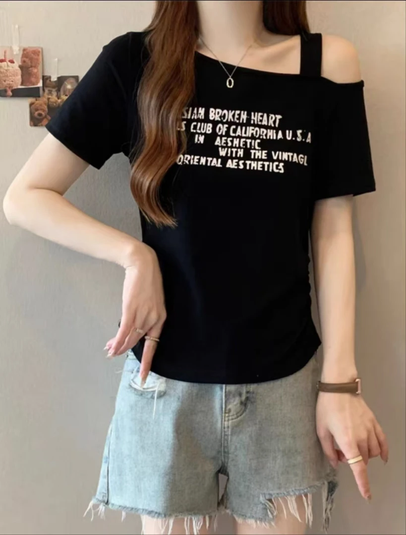 甜美露肩字母印花短袖T恤女装夏季设计感显瘦纯欲风辣妹斜肩T恤