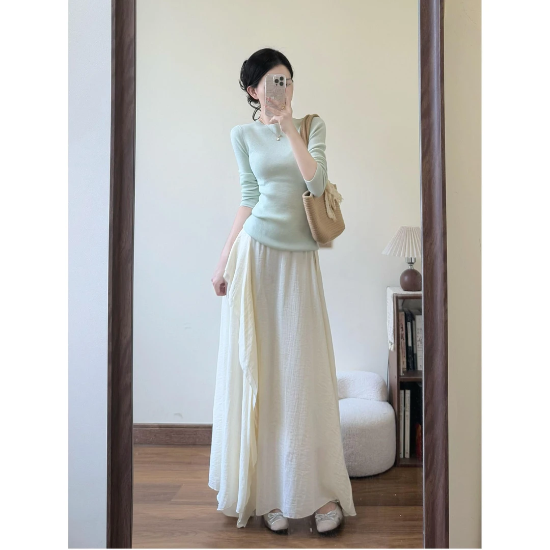 2025新款修身针织衫长袖一字领显瘦长袖上衣+半身裙时尚减龄套装