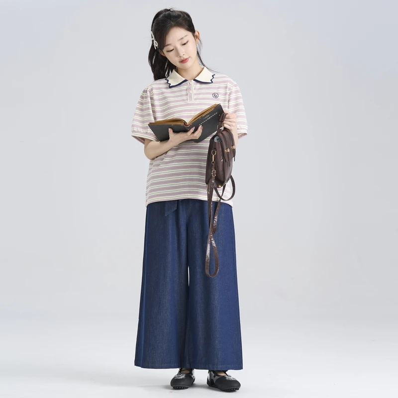 多多一上女大童25夏polo领短袖+牛仔裤套装（150-180码）2124A16X