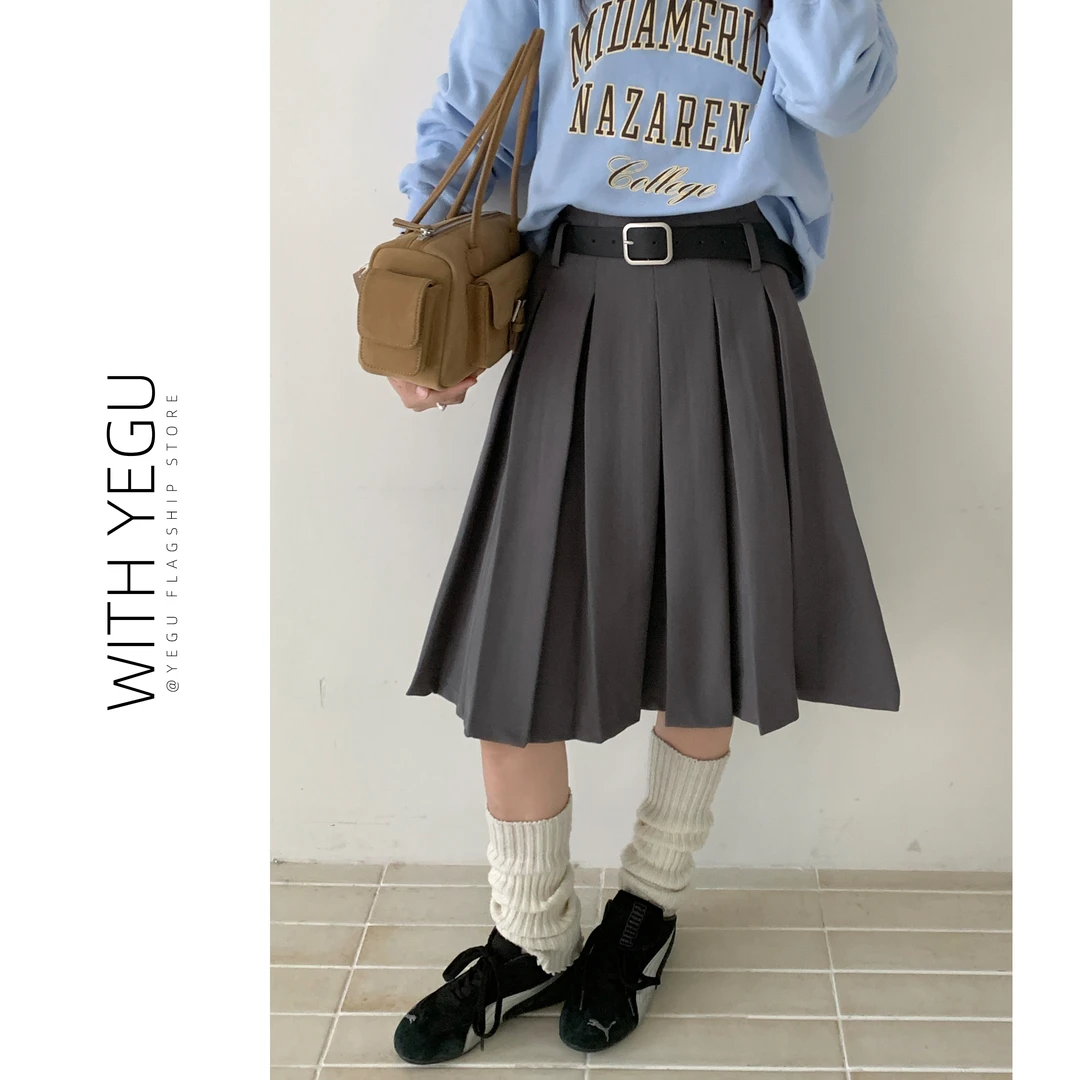 高智感灰色百褶半身裙女春秋冬高腰a字五分裙小个子压褶西装中裙