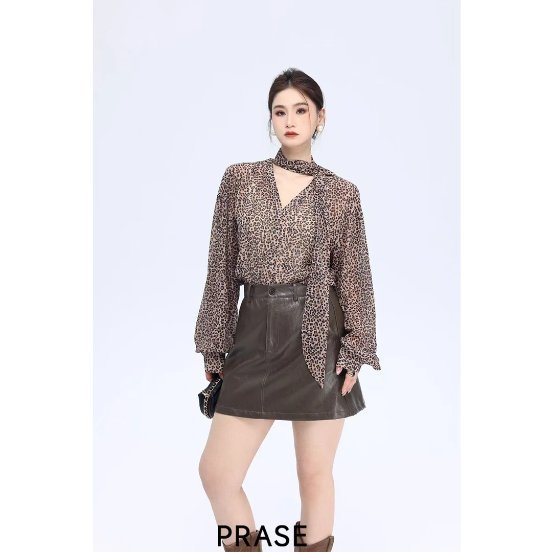 PRASE·噜【豹纹衬衫】微胖轻奢设计款秋女时尚飘带长袖衬衫PR507B32