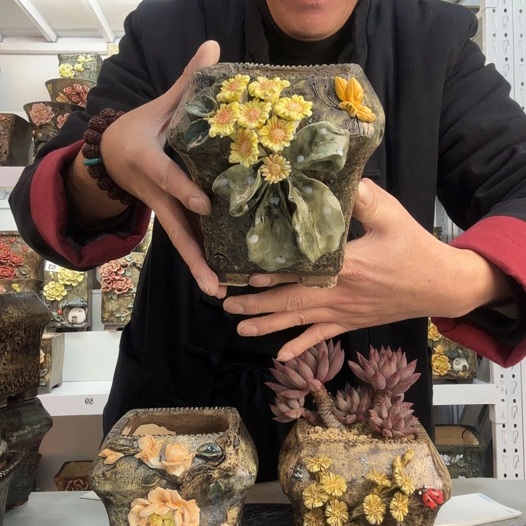 红陶画*青o默花器花盆