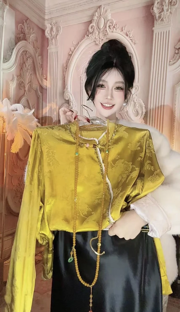 【崔】S0033新中式黄色提花上衣女春季新款长袖立领国风衬衫