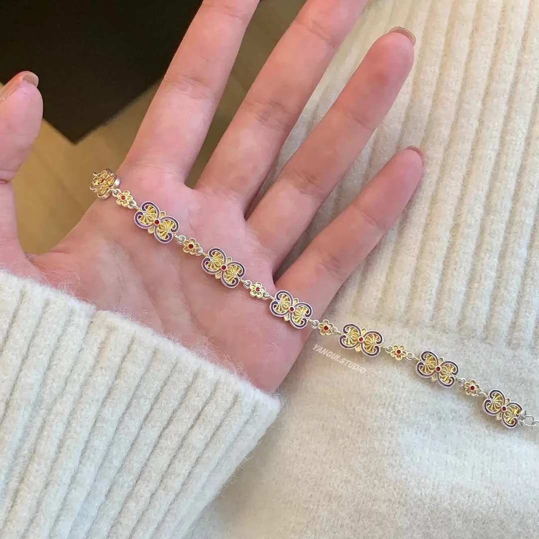 足银珐琅手链 描金珐琅紫丁香手链【S-1070】