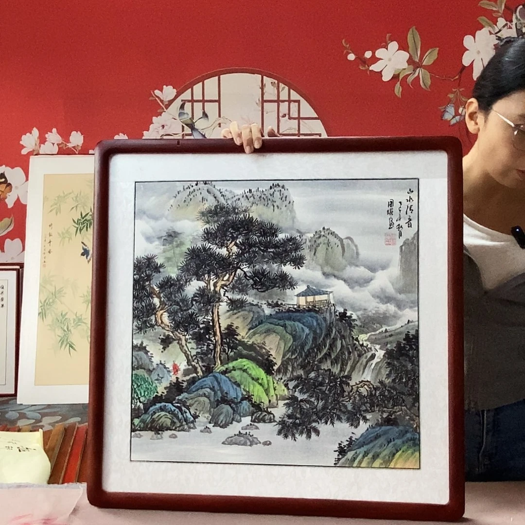 国画手写手绘国画作品带框包邮62✖️62