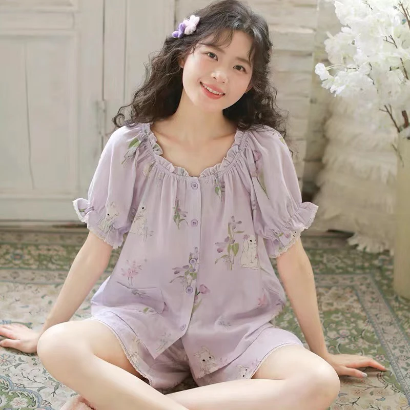 2025年夏季新款短袖短款睡衣女士纯棉纱布森系少女可外穿家居服
