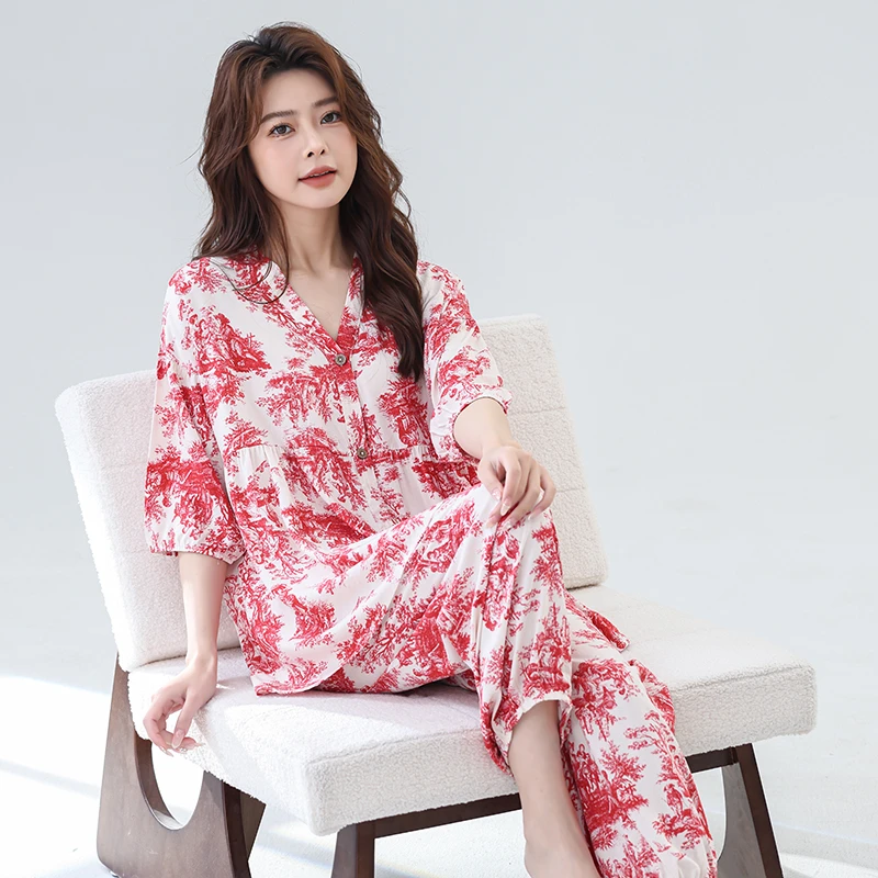 夏季薄款绵绸睡衣套装女士2025年新款空调服休闲家居服夏天两件套