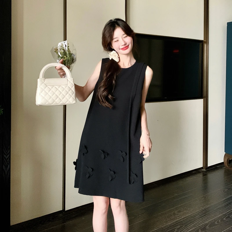 UQS法式收腰显瘦连衣裙2025夏季小个子宽松遮肉黑色纯欲连衣裙