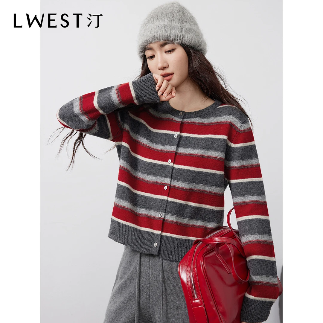 Z朗文斯汀撞色条纹针织开衫女2025冬季新款百搭圆领直筒休闲毛衣