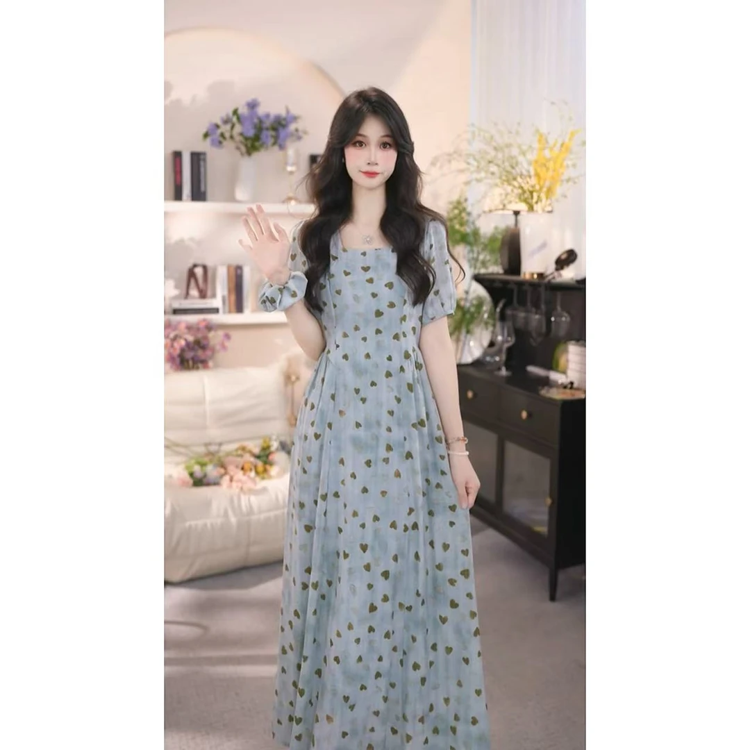 【有口袋】夏季新款方领显瘦中长款时尚设计感高腰短袖连衣裙6001