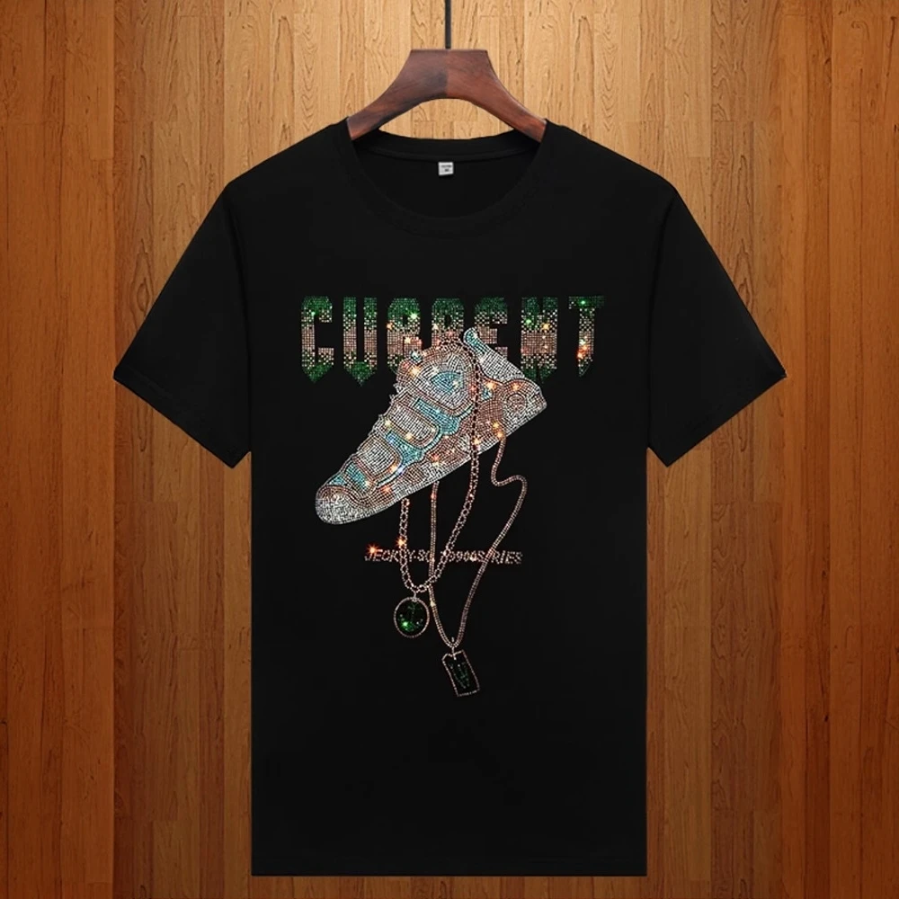 奈纽彼皮高端新款男士鞋子烫钻短袖t恤男中青年大码时尚T恤潮流