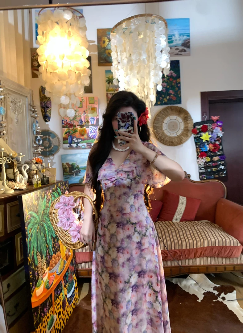 《紫薇》2025夏季紫调彩花气质收腰显瘦连衣裙长裙M140