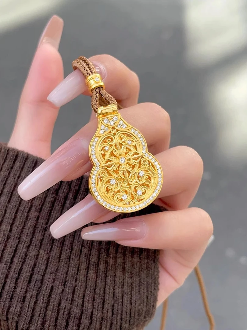 铜合金吊坠 古法金翻盖镶钻葫芦吊坠镂空花丝镶钻韦雪同款葫芦