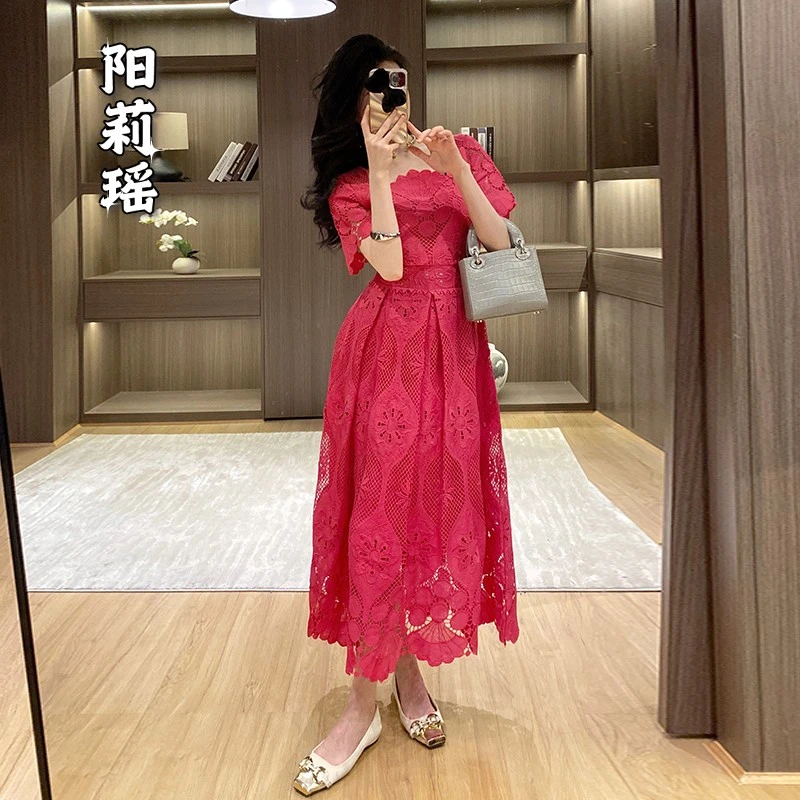 法式小香风重工蕾丝花边连衣裙女夏小众复古显瘦气质短袖优雅长裙