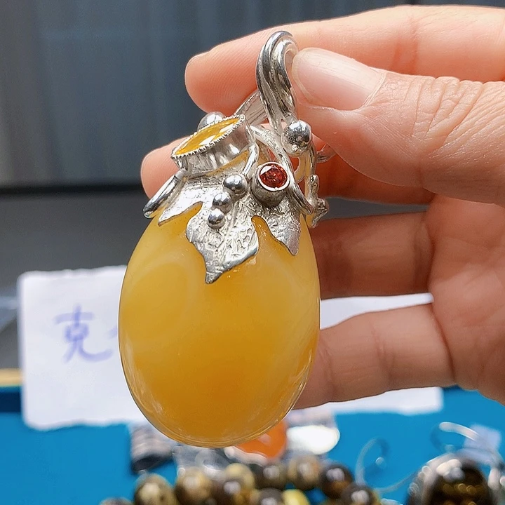 银S925镶嵌颈饰琥珀波兰设计款琥珀蜜蜡