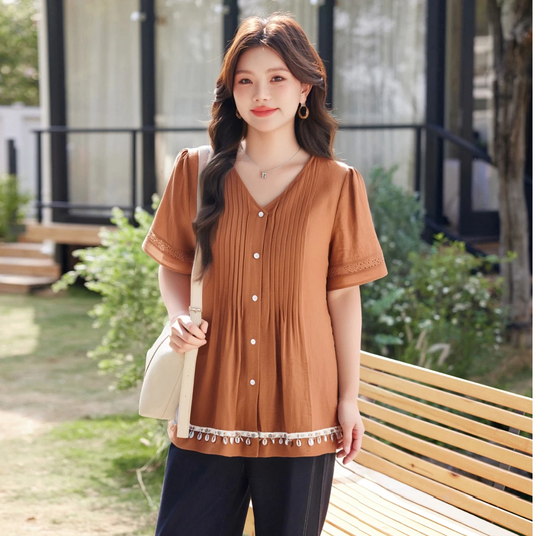 【贝壳织带度假风上衣】MsShe大码女装夏季宽松遮肚小衫M2504075