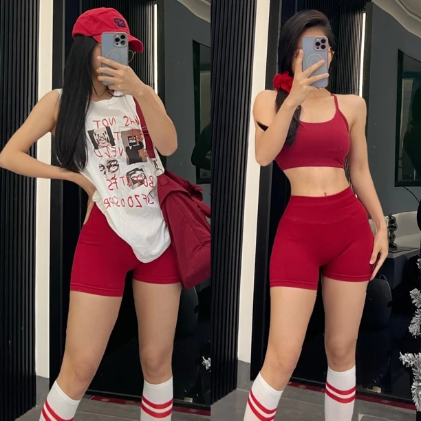 【大严家】斯嘉丽红运动套装健身瑜伽高强度美背透气短袖袖高腰短裤