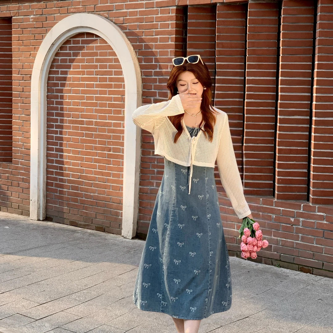 楠序乔乔微胖女装2025夏显瘦减龄开衫吊带牛仔裙时尚套装DD10181