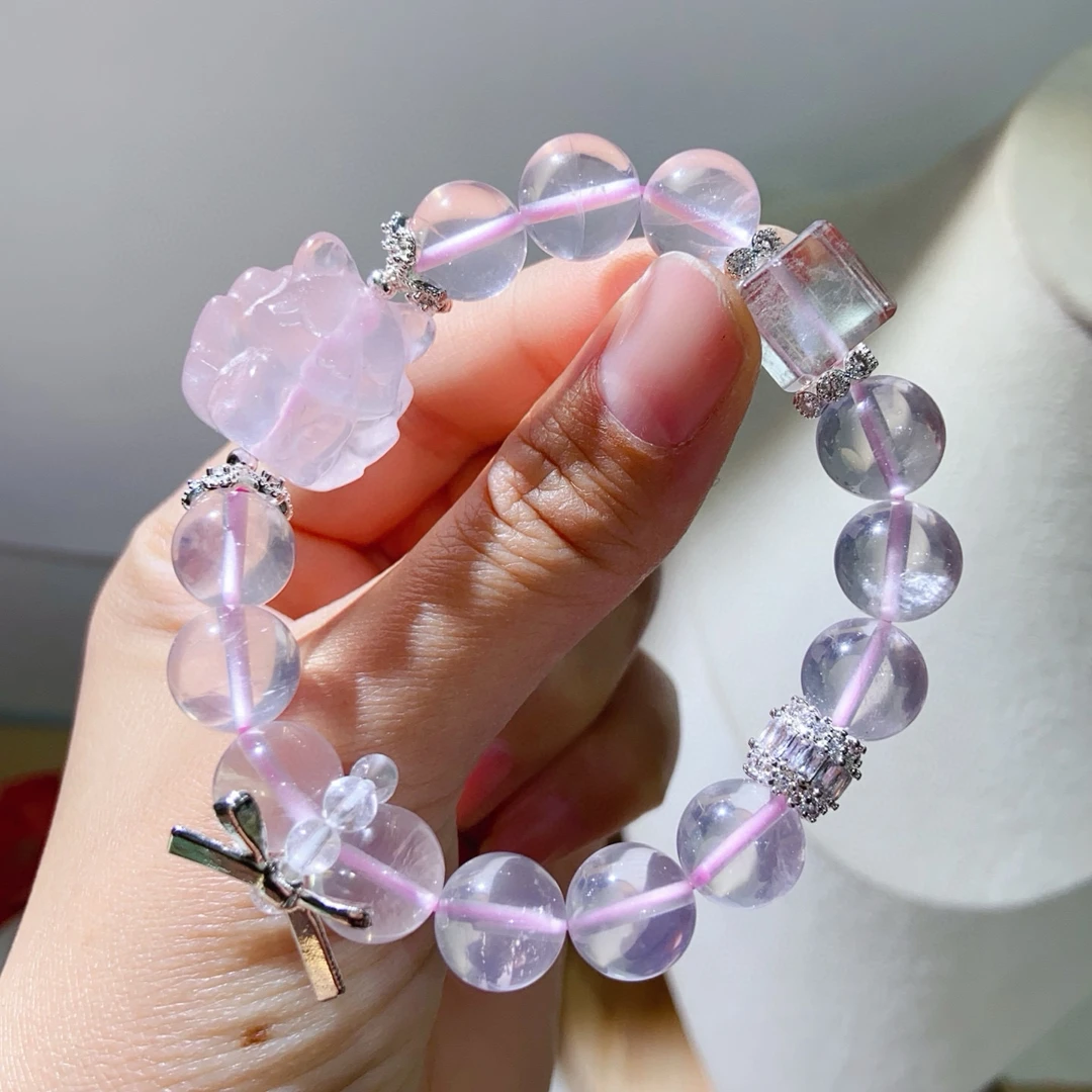 天然粉晶手链天然兔毛方糖粉晶九尾狐白水晶跑环