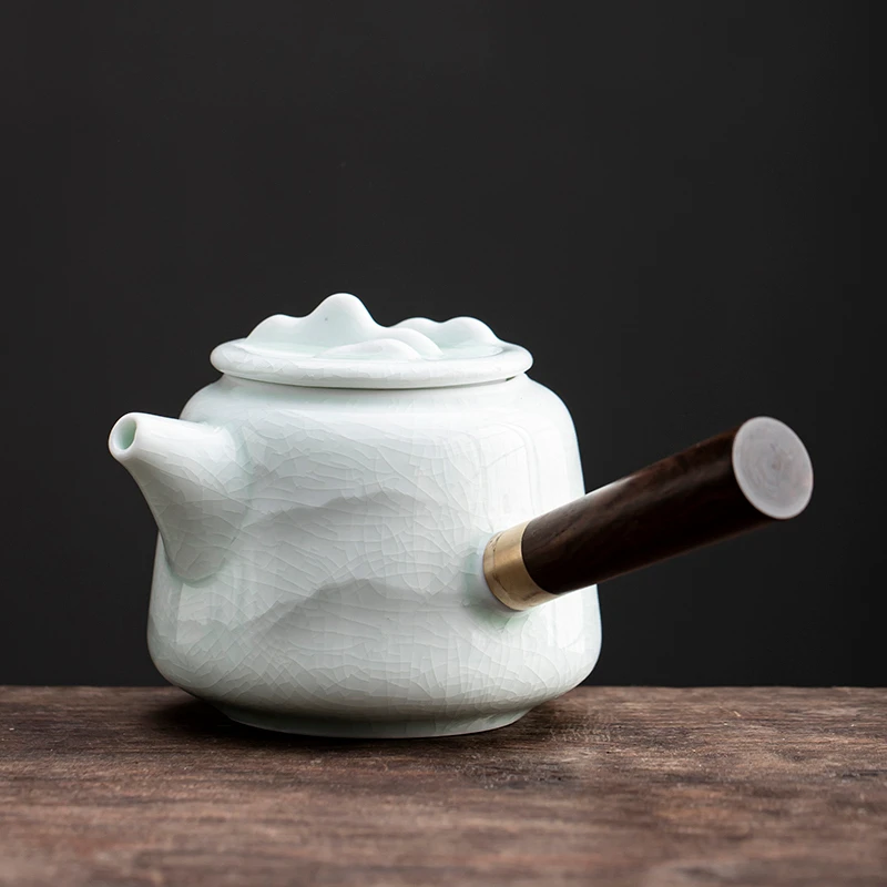赫贺阑哥窑翠玉影青千里江山功夫茶壶防烫木柄侧把壶陶瓷泡茶壶茶