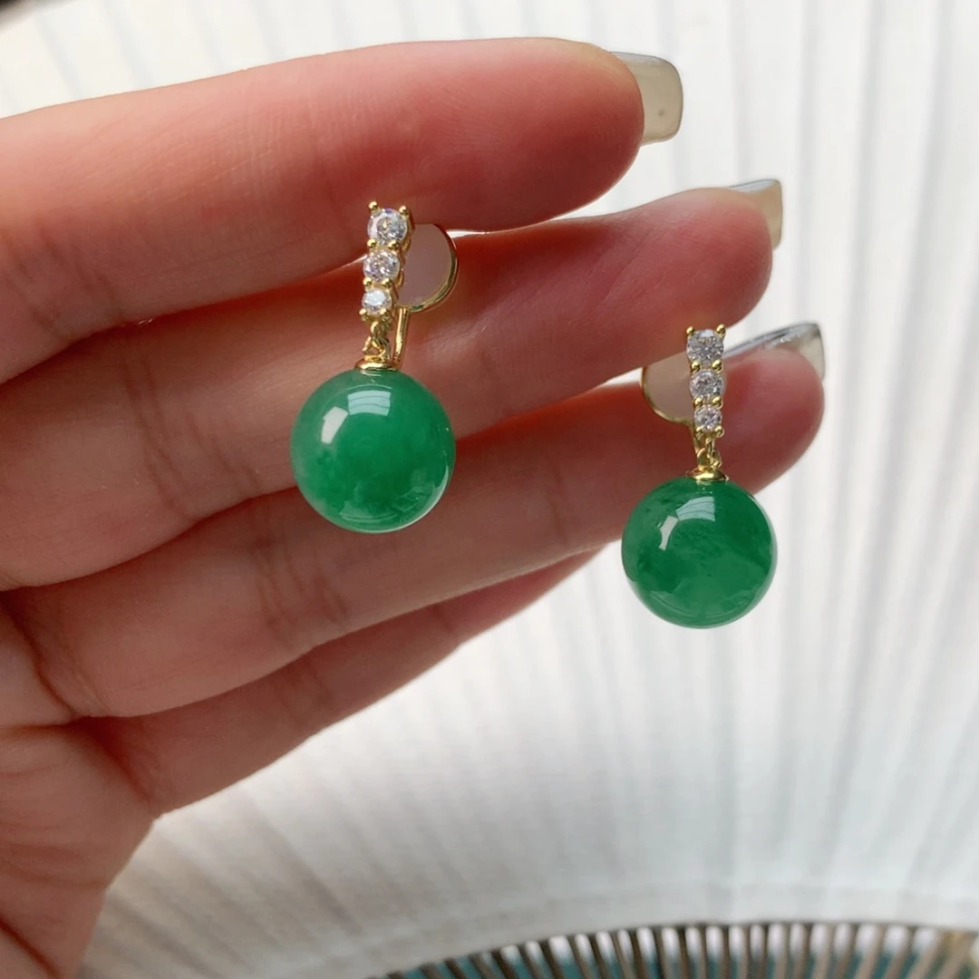 石英质玉（非洲翠）冰飘花精品耳环银S925镀金镶嵌