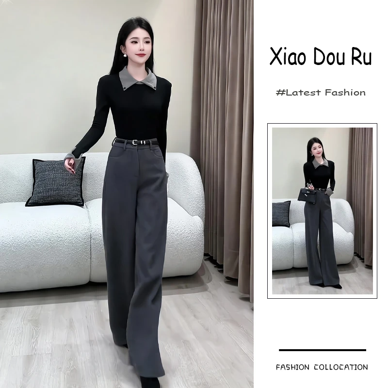秋冬流行穿搭一整套新款2025年韩系高级感修身拼接上衣长裤两件套
