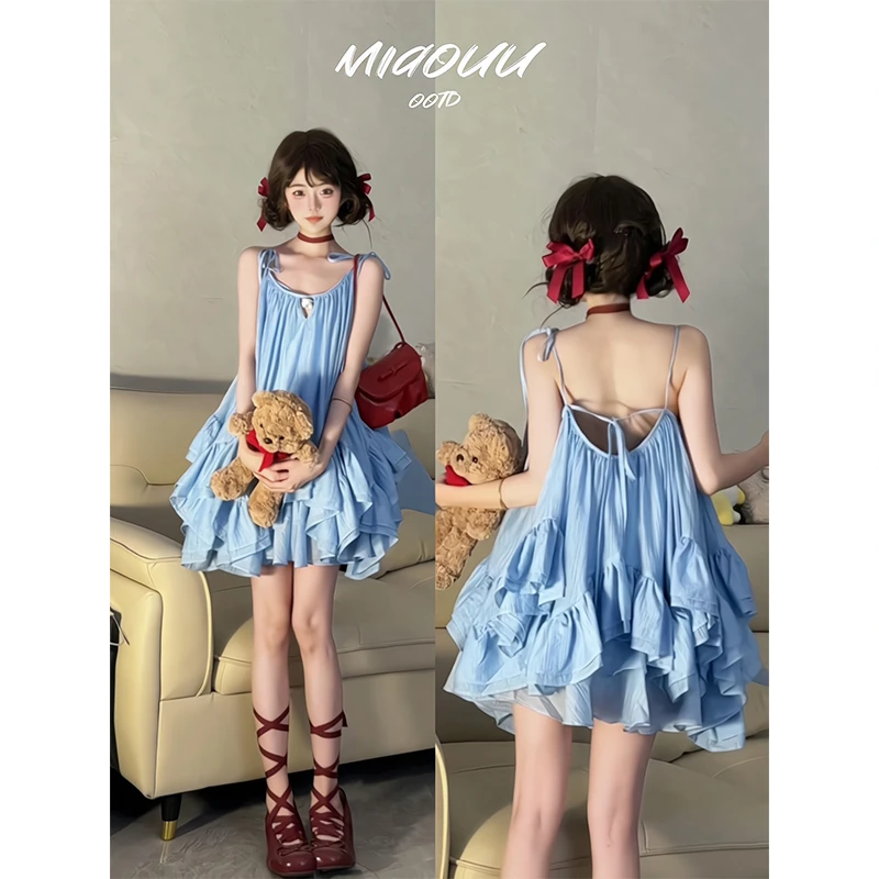 DAHUAN大荒娜扎同款不规则蓝色挂脖吊带连衣裙海边度假蓬蓬娃娃裙