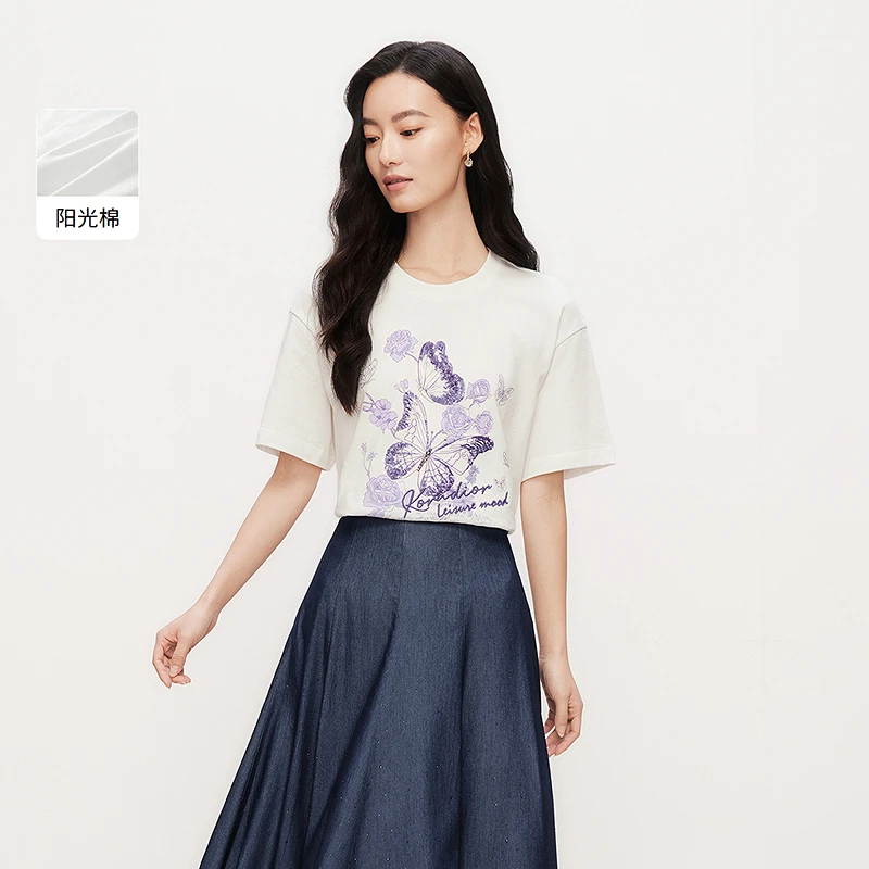 【商场同款】欧若风珂莱蒂尔时尚休闲夏季夏宽松阳光印花圆领小衫