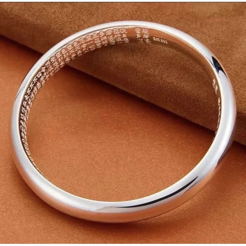 足银手镯 足银999.9手镯亮面泥鳅背心经手镯女纯银宽版经典镯
