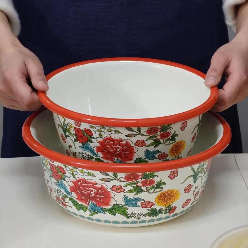 22-26厘米珐琅搪瓷三件套盆家用加厚洗菜盆 牡丹花