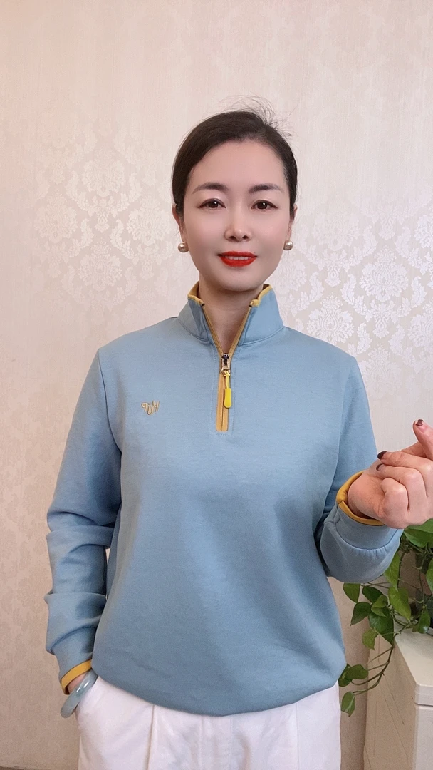 2025春季新款时尚百搭修身显瘦半拉链女士长袖上衣