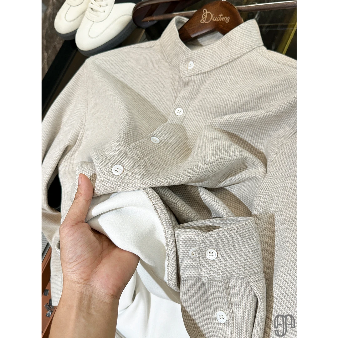 暖心好物~保暖醋酸羊毛呢绒料中式立领休闲衬衫男长袖冬季厚款