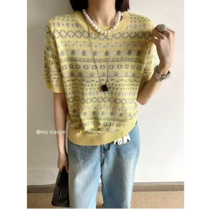 【蚕丝羊毛】2025春夏新款气质圆领针织提花短袖上衣薄款宽松显瘦