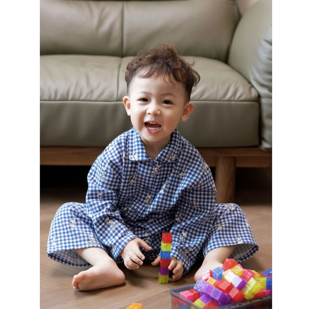 壹妈韩版童装男童格子睡衣套装秋季洋气儿童蓝色卡通家居服两件套