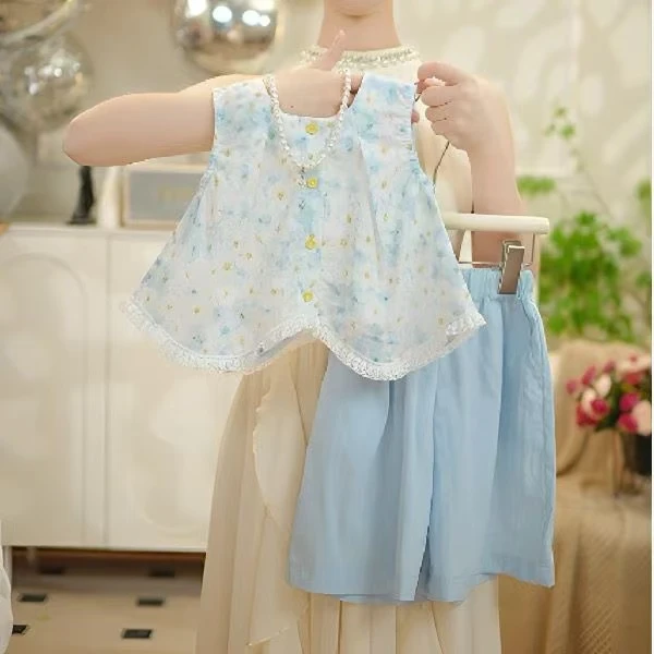 女韩版夏季常规儿童千金风碎花套装中国风洋气上衣